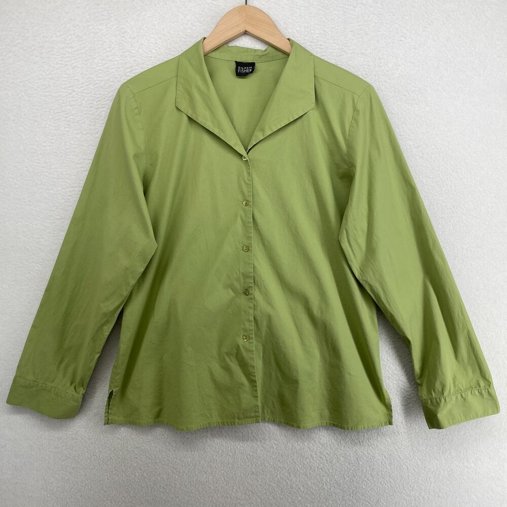 EILEEN FISHER Top M Stretch Cotton Poplin Button Up Shirt Long Sleeve Green